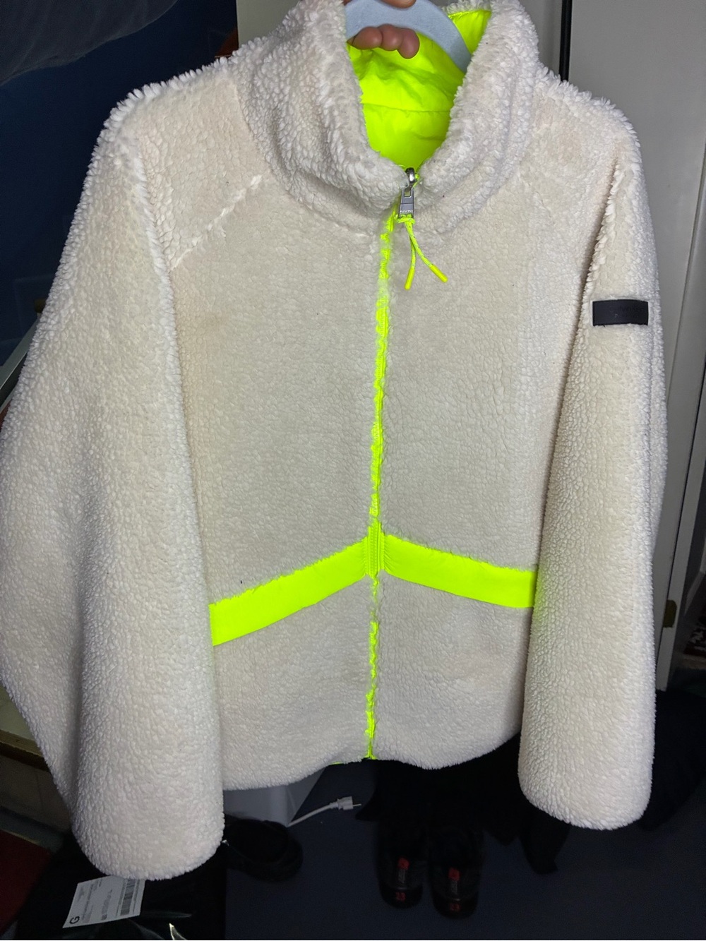 Calvin Klein Cream Sherpa Jacket with Neon Yellow Trim